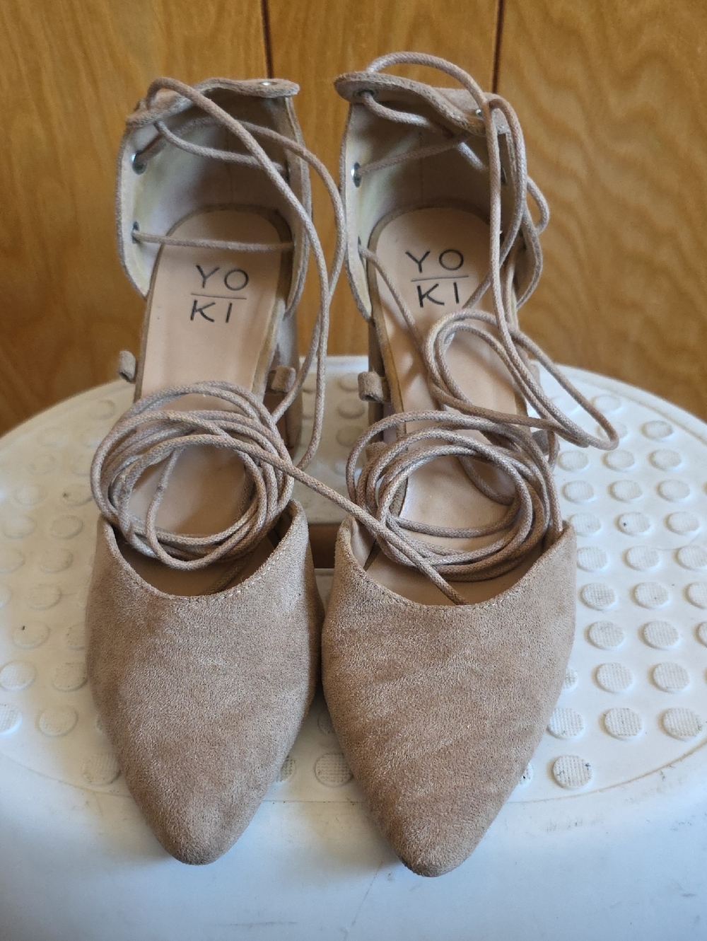 Yoki Beige Lace-Up Pointed Toe Suede Heels